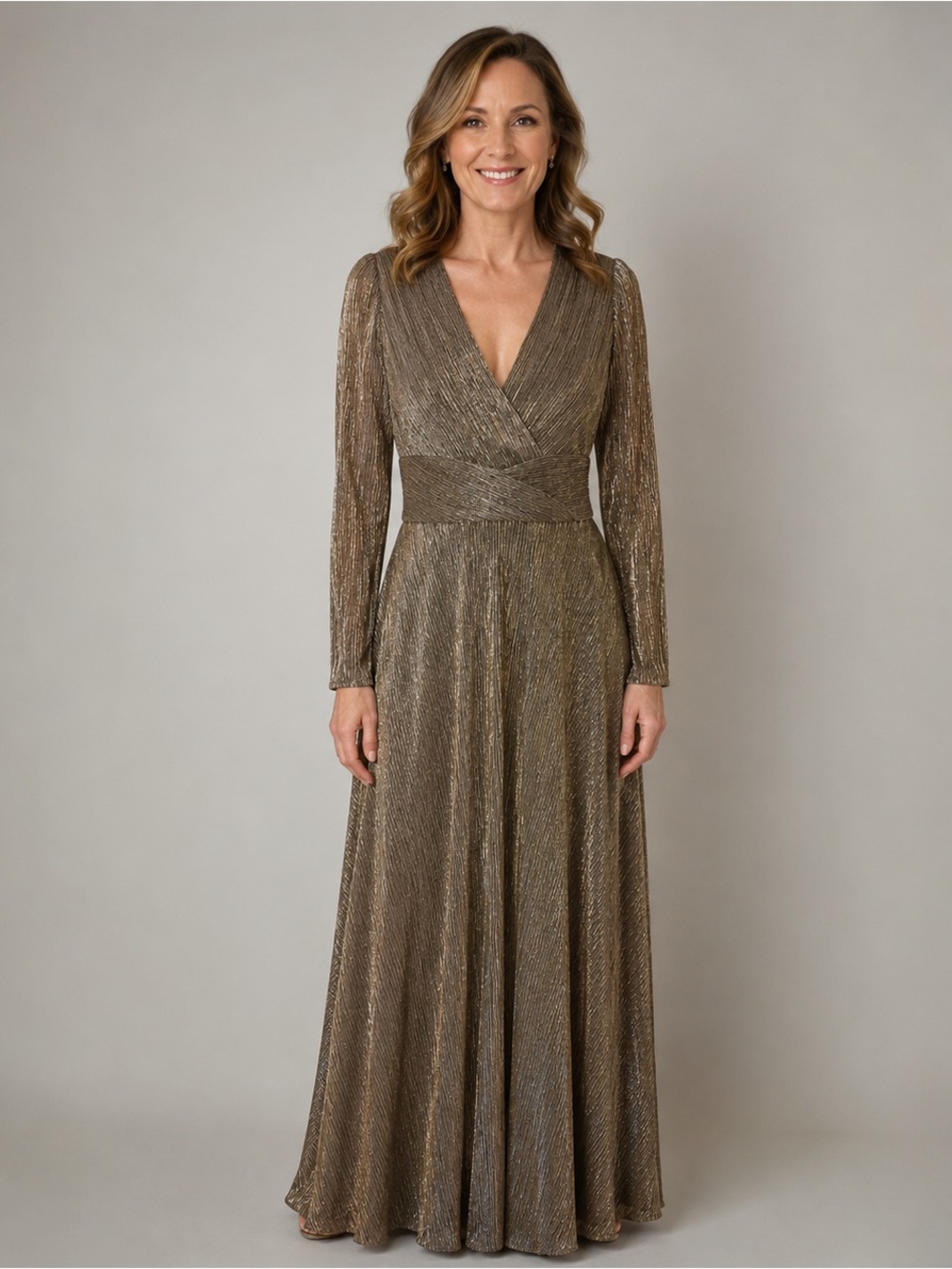 Betsy & Adam "Alexa" Metallic Knit Dress Womens 6 Long Sleeve Formal Gown